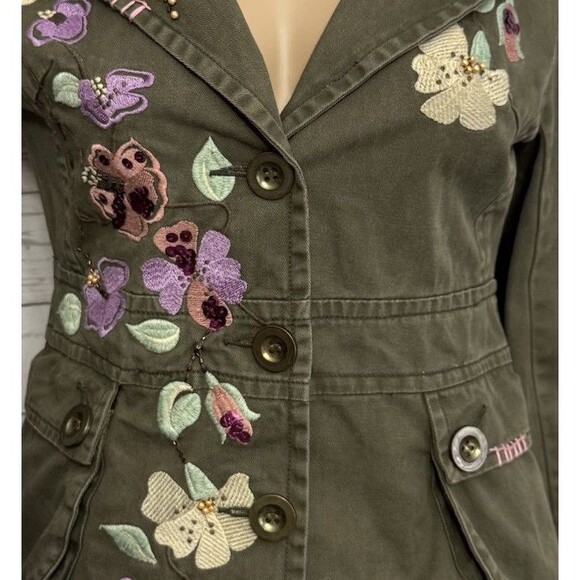 Rebbeca Thomson Embroidered Floral Jacket Medium Olive Green Unique Boho Casual - Picture 6 of 11